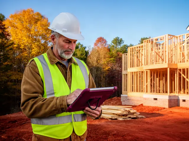 Builder in a white hard hat and yellow vest reviewing a burgundy tablet at a house frame