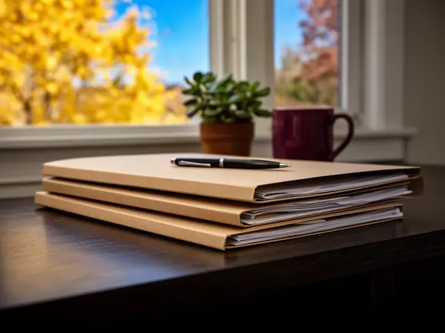 Stack of closed kraft folders with a pen on a dark desk by an autumn window