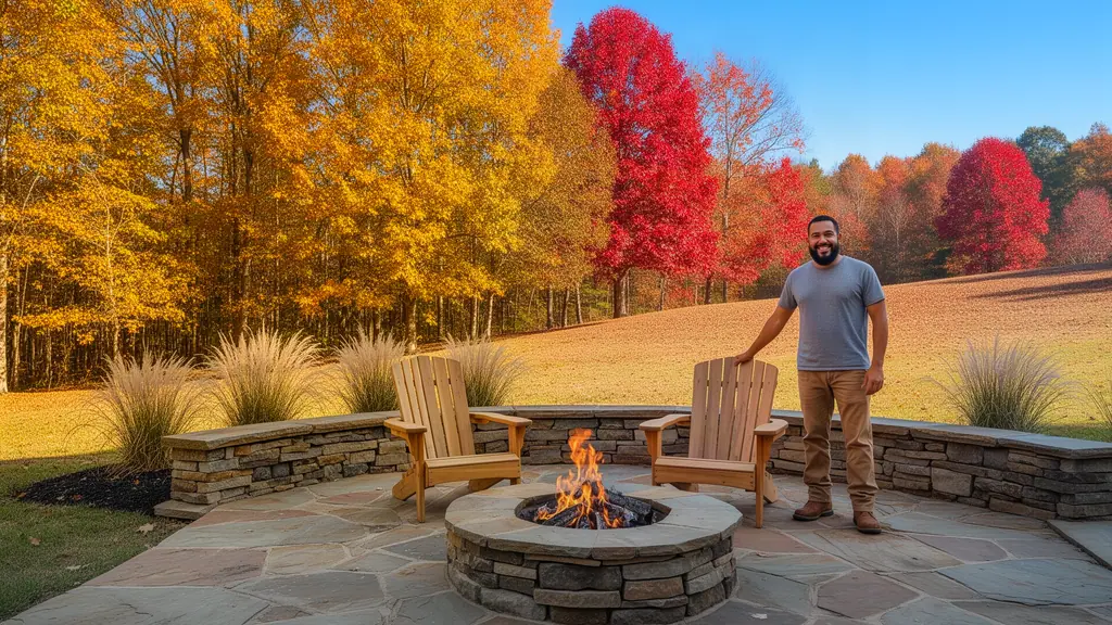 Landscaper smiling beside Adirondack chairs and a fire pit on a new flagstone patio in autumn