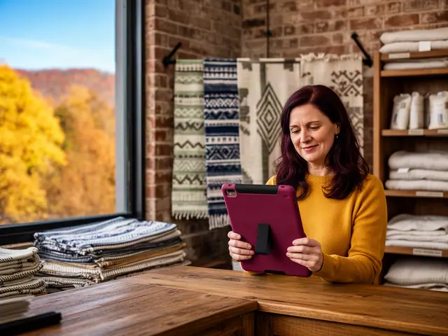 Rug shop owner reviewing a burgundy tablet at a counter among handwoven rugs