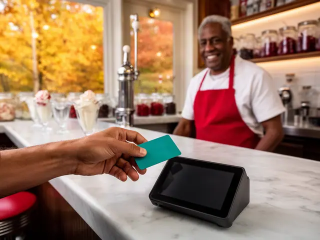 Customer holding a teal card over a black terminal at a soda fountain counter